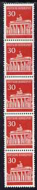 Germany - West 1966 Brandenburg Gate 30 pfg coil strip of 5 (one with number on back) unmounted mint, SG 1414, stamps on , stamps on  stamps on tourism, stamps on  stamps on monuments