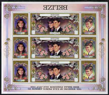 Belize 1986 Royal Wedding perf sheetlet containing 9 values (3 sets of 3) with black printing inverted (country, inscription and value) unmounted mint and most unusual, as SG 941, stamps on , stamps on  stamps on personalities, stamps on  stamps on royalty, stamps on  stamps on andrew