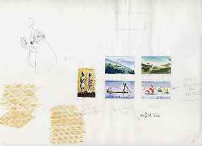 Jamaica 1960s original artwork on thin paper by Jennifer Toombs for Tourism issue comprising 5 stamp size colour sketches, signed Jennifer M Toombs, stamps on tourism, stamps on sailing