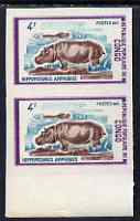Congo 1972 Wild Animals 4f Hippopotamus imperf pair from limited printing unmounted mint as SG 336, stamps on , stamps on  stamps on animals, stamps on  stamps on hippos