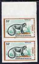 Congo 1972 Wild Animals 30f Monkey imperf pair from limited printing unmounted mint as SG 339, stamps on animals, stamps on apes
