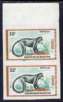 Congo 1972 Wild Animals 30f Monkey imperf pair from limited printing unmounted mint as SG 339, stamps on animals, stamps on apes