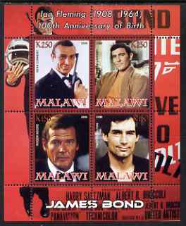 Malawi 2008 Ian Fleming 100th Birth Anniversary (James Bond) #1 perf sheetlet containing 4 values unmounted mint, stamps on , stamps on  stamps on personalities, stamps on  stamps on literature, stamps on  stamps on films, stamps on  stamps on cinema, stamps on  stamps on  spy , stamps on  stamps on , stamps on  stamps on scots, stamps on  stamps on scotland