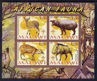 Malawi 2008 African Fauna imperf sheetlet containing 4 values, each with Scout logo unmounted mint, stamps on , stamps on  stamps on animals, stamps on  stamps on hippos, stamps on  stamps on scouts