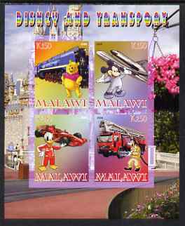 Malawi 2008 Disney & Transport imperf sheetlet containing 4 values unmounted mint, stamps on disney, stamps on transport, stamps on railways, stamps on aviation, stamps on shuttle, stamps on cars, stamps on  f1 , stamps on racing cars, stamps on formula 1, stamps on fire, stamps on bears