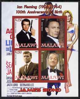 Malawi 2008 Ian Fleming 100th Birth Anniversary (James Bond) #2 imperf sheetlet containing 4 values unmounted mint, stamps on , stamps on  stamps on personalities, stamps on  stamps on literature, stamps on  stamps on films, stamps on  stamps on cinema, stamps on  stamps on  spy , stamps on  stamps on , stamps on  stamps on scots, stamps on  stamps on scotland