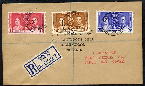 Bermuda 1937 KG6 Coronation set of 3 on cover with first day cancel addressed to the forger, J D Harris.  Harris was imprisoned for 9 months after Robson Lowe exposed him for applying forged first day cancels to Coronation covers (details supplied). , stamps on , stamps on  stamps on , stamps on  stamps on  kg6 , stamps on  stamps on forgery, stamps on  stamps on forger, stamps on  stamps on forgeries, stamps on  stamps on coronation