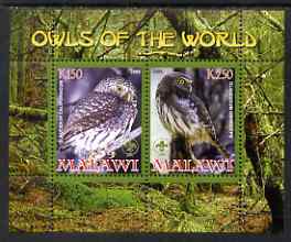 Malawi 2008 Owls of the World perf sheetlet #2 containing 2 values with Scout Logo unmounted mint, stamps on , stamps on  stamps on birds, stamps on  stamps on birds of prey, stamps on  stamps on owls, stamps on  stamps on scouts