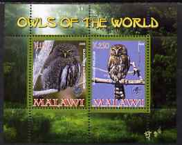 Malawi 2008 Owls of the World perf sheetlet #3 containing 2 values with Scout Logo unmounted mint, stamps on , stamps on  stamps on birds, stamps on  stamps on birds of prey, stamps on  stamps on owls, stamps on  stamps on scouts