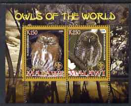 Malawi 2008 Owls of the World perf sheetlet #6 containing 2 values with Scout Logo unmounted mint, stamps on birds, stamps on birds of prey, stamps on owls, stamps on scouts