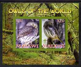 Malawi 2008 Owls of the World imperf sheetlet #2 containing 2 values with Scout Logo unmounted mint, stamps on , stamps on  stamps on birds, stamps on  stamps on birds of prey, stamps on  stamps on owls, stamps on  stamps on scouts