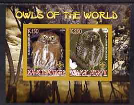 Malawi 2008 Owls of the World imperf sheetlet #6 containing 2 values with Scout Logo unmounted mint, stamps on birds, stamps on birds of prey, stamps on owls, stamps on scouts