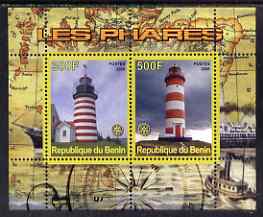 Benin 2008 Lighthouses perf sheetlet containing 2 values with Rotary unmounted mint, stamps on lighthouses, stamps on rotary