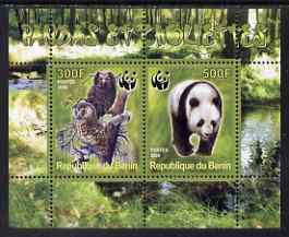 Benin 2008 WWF - Owls & Bears perf sheetlet containing 2 values unmounted mint, stamps on owls, stamps on birds, stamps on birds of prey, stamps on  wwf , stamps on bears, stamps on pandas