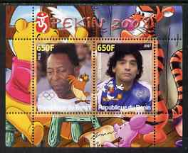 Benin 2007 Beijing Olympic Games #18 - Football perf s/sheet containing 2 values (Pele & Maradona with Disney characters in background) unmounted mint, stamps on , stamps on  stamps on sport, stamps on  stamps on olympics, stamps on  stamps on disney, stamps on  stamps on football, stamps on  stamps on teddy bears