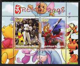 Benin 2007 Beijing Olympic Games #16 - Baseball (4) perf s/sheet containing 2 values (Bonds & Linares with Disney characters in background) unmounted mint, stamps on , stamps on  stamps on sport, stamps on  stamps on olympics, stamps on  stamps on disney, stamps on  stamps on baseball, stamps on  stamps on teddy bears