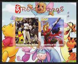 Benin 2007 Beijing Olympic Games #16 - Baseball (4) imperf s/sheet containing 2 values (Bonds & Linares with Disney characters in background) unmounted mint, stamps on , stamps on  stamps on sport, stamps on  stamps on olympics, stamps on  stamps on disney, stamps on  stamps on baseball, stamps on  stamps on teddy bears