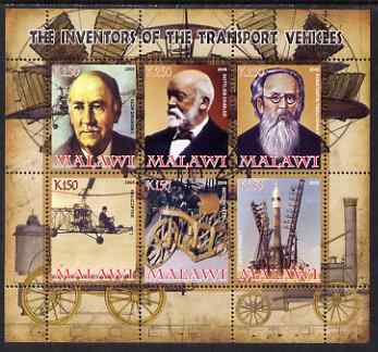 Malawi 2008 Transport Inventors #2 perf sheetlet containing 6 values unmounted mint, stamps on personalities, stamps on transport, stamps on inventors, stamps on aviation, stamps on helicopters, stamps on motorbikes, stamps on rockets, stamps on space