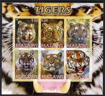 Malawi 2008 Tigers imperf sheetlet containing 6 values unmounted mint, stamps on , stamps on  stamps on animals, stamps on  stamps on cats, stamps on  stamps on tigers