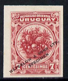 Uruguay 1900 Pineapple 7c Printer's sample in red (issued stamp was orange-brown) overprinted Waterlow & Sons SPECIMEN with security punch hole without gum, as SG 233, stamps on , stamps on  stamps on fruit     pineapples  