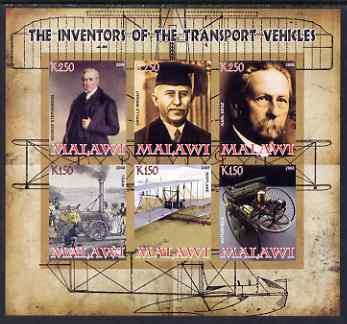 Malawi 2008 Transport Inventors #1 imperf sheetlet containing 6 values unmounted mint, stamps on personalities, stamps on transport, stamps on inventors, stamps on railways, stamps on aviation, stamps on wright, stamps on cars