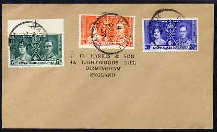 Kenya, Uganda & Tanganyika 1937 KG6 Coronation set of 3 on cover (not first day) addressed to the forger, J D Harris.  Harris was imprisoned for 9 months after Robson Lowe exposed him for applying forged first day cancels to Coronation covers (details supplied)., stamps on , stamps on  kg6 , stamps on forgery, stamps on forger, stamps on forgeries, stamps on coronation