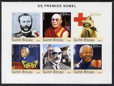 Guinea - Bissau 2003 Nobel Prize Winners imperf sheetlet containing 6 values (Dunant, Dalai Lama, Tutu, Kipling & Mandela) unmounted mint Mi 2174-79, stamps on personalities, stamps on nobel, stamps on mandela, stamps on red cross, stamps on religion, stamps on literature, stamps on , stamps on personalities, stamps on mandela, stamps on nobel, stamps on peace, stamps on racism, stamps on human rights