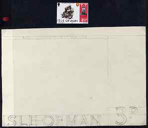 Isle of Man 1974 original pencil sketch artwork by John Nicholson for the 3.5p Tourist Trophy Races issue comprising the wording only - country name, inscription and value (seen here as 3p) plus imperf example of issued stamp but probably a normal with perfs trimmed off, stamps on , stamps on  stamps on motorbikes
