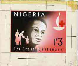 Nigeria 1963 Red Cross Centenary - original artwork for 1s3d value similar to issued stamp (by M Goaman), size 5x4 , stamps on , stamps on  stamps on medical    red cross