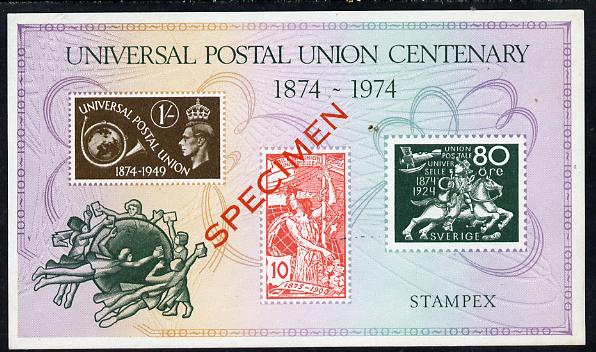 Exhibition souvenir sheet for 1974 Stampex commemorating the UPU Centenary and  showing UPU designs, overprinted SPECIMEN unmounted mint, stamps on , stamps on  upu , stamps on stamp exhibitions, stamps on cinderella    