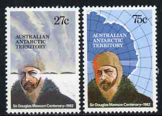 Australian Antarctic Territory 1982 Birth Centenary of Sir Douglas Mawson perf set of 2 unmounted mint, SG53-4, stamps on , stamps on  stamps on polar, stamps on  stamps on science, stamps on  stamps on explorers, stamps on  stamps on personalities, stamps on  stamps on maps