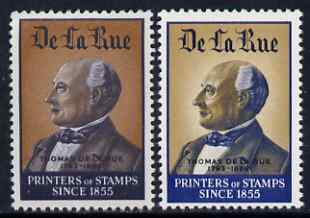 Cinderella - De La Rue undenominated sample stamps, two different colours showing the firms founder, unmounted mint, stamps on printing