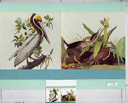 St Vincent 1985 Pelican & Heron (John Audubon 15c) original artwork comprising the main design as overlay onto coloured background, as SG 854a, main design 9.5in x 6.5in, stamps on audubon  birds   heron