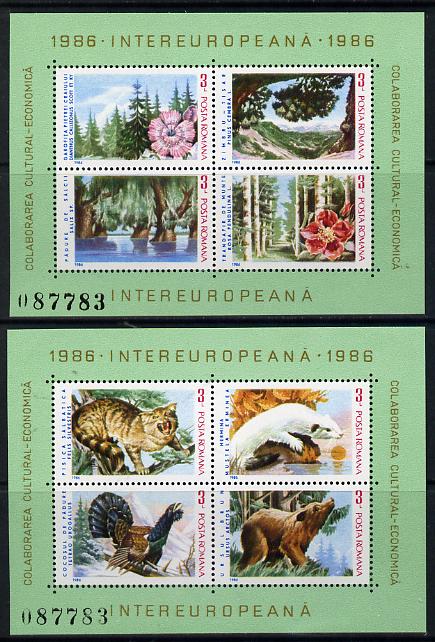 Rumania 1986 Flora & Fauna set of 2 m/sheets unmounted mint, Mi BL 223-24, SG MS 5020, stamps on , stamps on  stamps on animals, stamps on  stamps on flowers, stamps on  stamps on cats, stamps on  stamps on bears, stamps on  stamps on stoats, stamps on  stamps on 