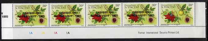 St Vincent - Grenadines 1985 Caribbean Royal Visit on 30c Passion Fruit (Fruits & Blossoms) strip of 5 with overprint omitted from stamp 5 but extra opt appearing in marg..., stamps on royalty, stamps on royal visits, stamps on fruit