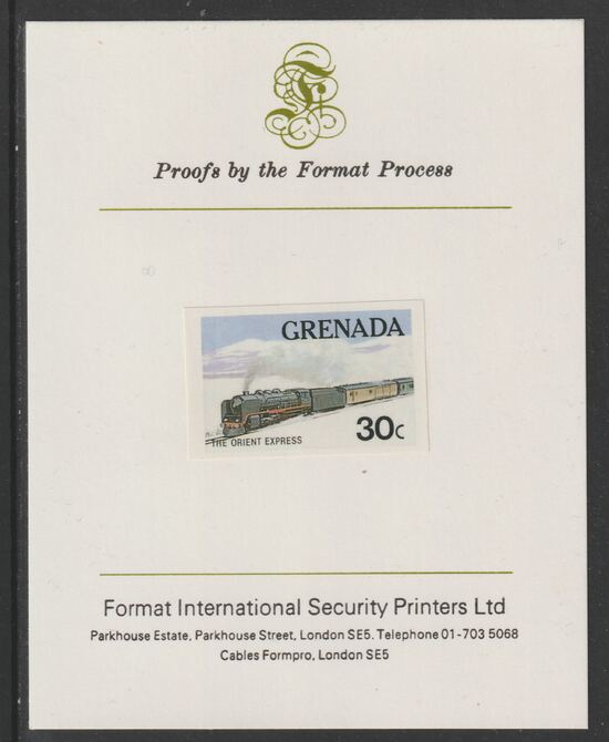 Grenada 1982 Famous Trains 30c Orient Express imperf proof mounted on Format International proof card as SG 1212, stamps on railways