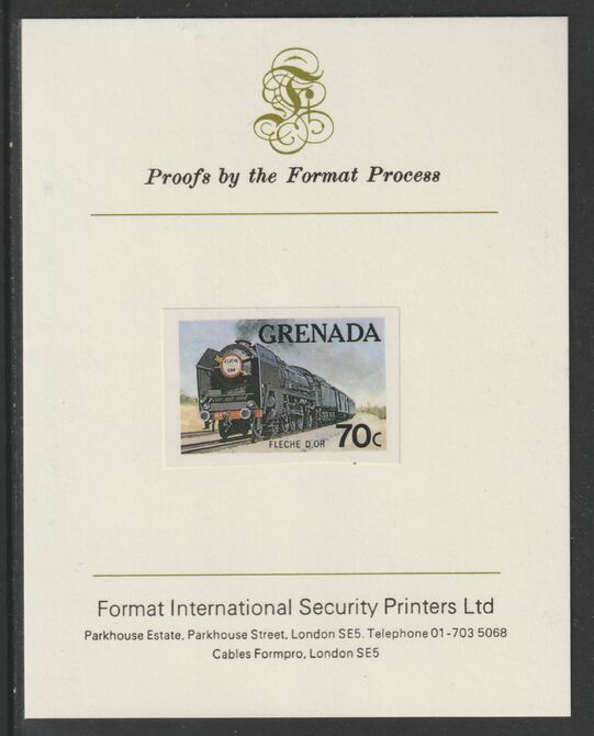 Grenada 1982 Famous Trains 70c Fleche dOr imperf proof mounted on Format International proof card as SG 1214, stamps on railways