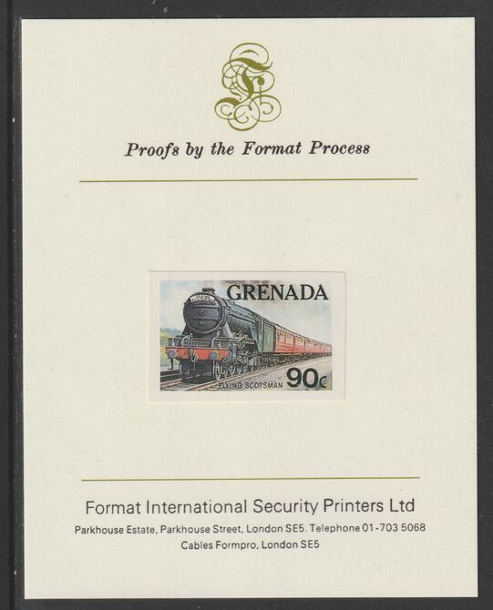 Grenada 1982 Famous Trains 90c Flying Scotsman imperf proof mounted on Format International proof card as SG 1215, stamps on , stamps on  stamps on railways, stamps on  stamps on scots, stamps on  stamps on scotland