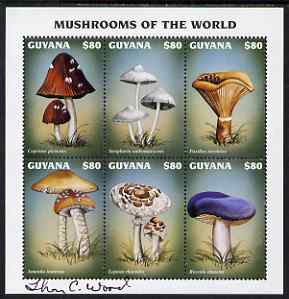 Guyana 1997 Fungi of the World perf sheetlet #1 containing 6 values signed by Thomas C Wood the designer, SG 4990-95, stamps on , stamps on  stamps on fungi