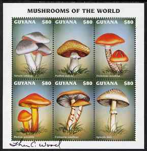 Guyana 1997 Fungi of the World perf sheetlet #2 containing 6 values signed by Thomas C Wood the designer, SG 4996-5001, stamps on , stamps on  stamps on fungi