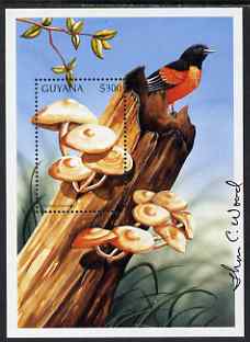 Guyana 1997 Fungi of the World perf m/sheet #1 (Pholiota mutailis) signed by Thomas C Wood the designer, SG MS 5004a, stamps on fungi, stamps on birds
