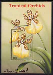 Liberia 1999 Tropical Orchids perf m/sheet #1 (Oncidium splendidum) signed by Thomas C Wood the designer unmounted mint, stamps on , stamps on  stamps on flowers, stamps on  stamps on orchids