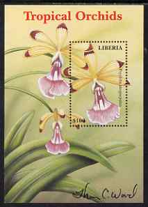 Liberia 1999 Tropical Orchids perf m/sheet #2 (Psychilis atropurpurea) signed by Thomas C Wood the designer unmounted mint, stamps on , stamps on  stamps on flowers, stamps on  stamps on orchids, stamps on  stamps on 