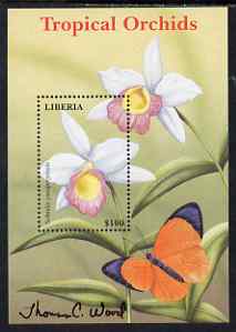 Liberia 1999 Tropical Orchids perf m/sheet #3 (Sobralia yauaperyensis) signed by Thomas C Wood the designer unmounted mint, stamps on , stamps on  stamps on flowers, stamps on  stamps on orchids, stamps on  stamps on butterflies