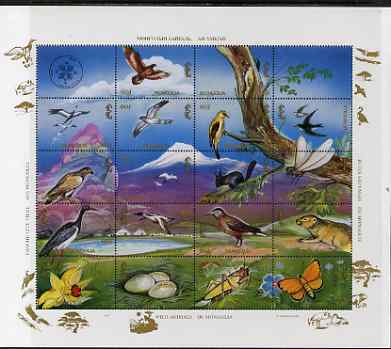 Mongolia 1994 Wildlife perf sheetlet containing 18 values plus 2 labels unmounted mint, SG 2445-62, stamps on , stamps on  stamps on wildlife, stamps on  stamps on birds, stamps on  stamps on butterflies, stamps on  stamps on woodpeckers, stamps on  stamps on birds of prey, stamps on  stamps on squirrels, stamps on  stamps on insects, stamps on  stamps on 