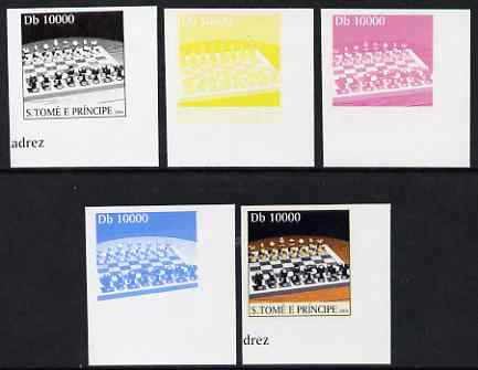 St Thomas & Prince Islands 2004 Chess 10,000 Db the set of 5 imperf progressive proofs comprising the 4 individual colours plus all 4-colour composite, unmounted mint , stamps on chess