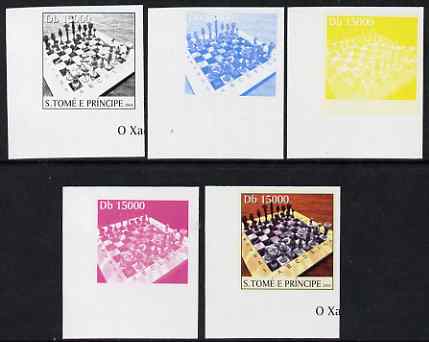 St Thomas & Prince Islands 2004 Chess 15,000 Db the set of 5 imperf progressive proofs comprising the 4 individual colours plus all 4-colour composite, unmounted mint , stamps on , stamps on  stamps on chess