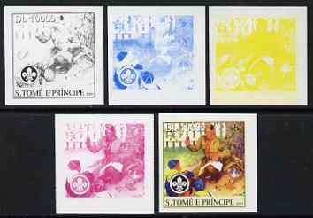 St Thomas & Prince Islands 2004 Scouts 10,000 Db the set of 5 imperf progressive proofs comprising the 4 individual colours plus all 4-colour composite, unmounted mint , stamps on scouts