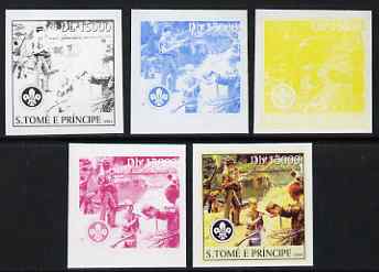 St Thomas & Prince Islands 2004 Scouts 15,000 Db the set of 5 imperf progressive proofs comprising the 4 individual colours plus all 4-colour composite, unmounted mint , stamps on scouts
