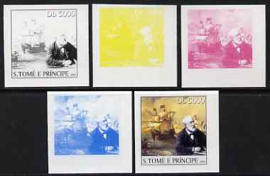 St Thomas & Prince Islands 2004 Jules Verne 5,000 Db (with early Sailing Ship) the set of 5 imperf progressive proofs comprising the 4 individual colours plus all 4-colour composite, unmounted mint , stamps on , stamps on  stamps on personalities, stamps on  stamps on literature, stamps on  stamps on ships, stamps on  stamps on books, stamps on  stamps on 